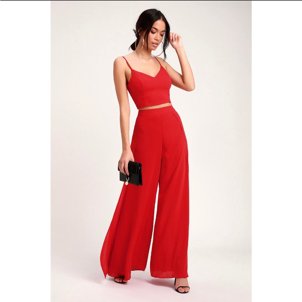 Red Woven Matching top and pant Set with Crop top High-rise trousers